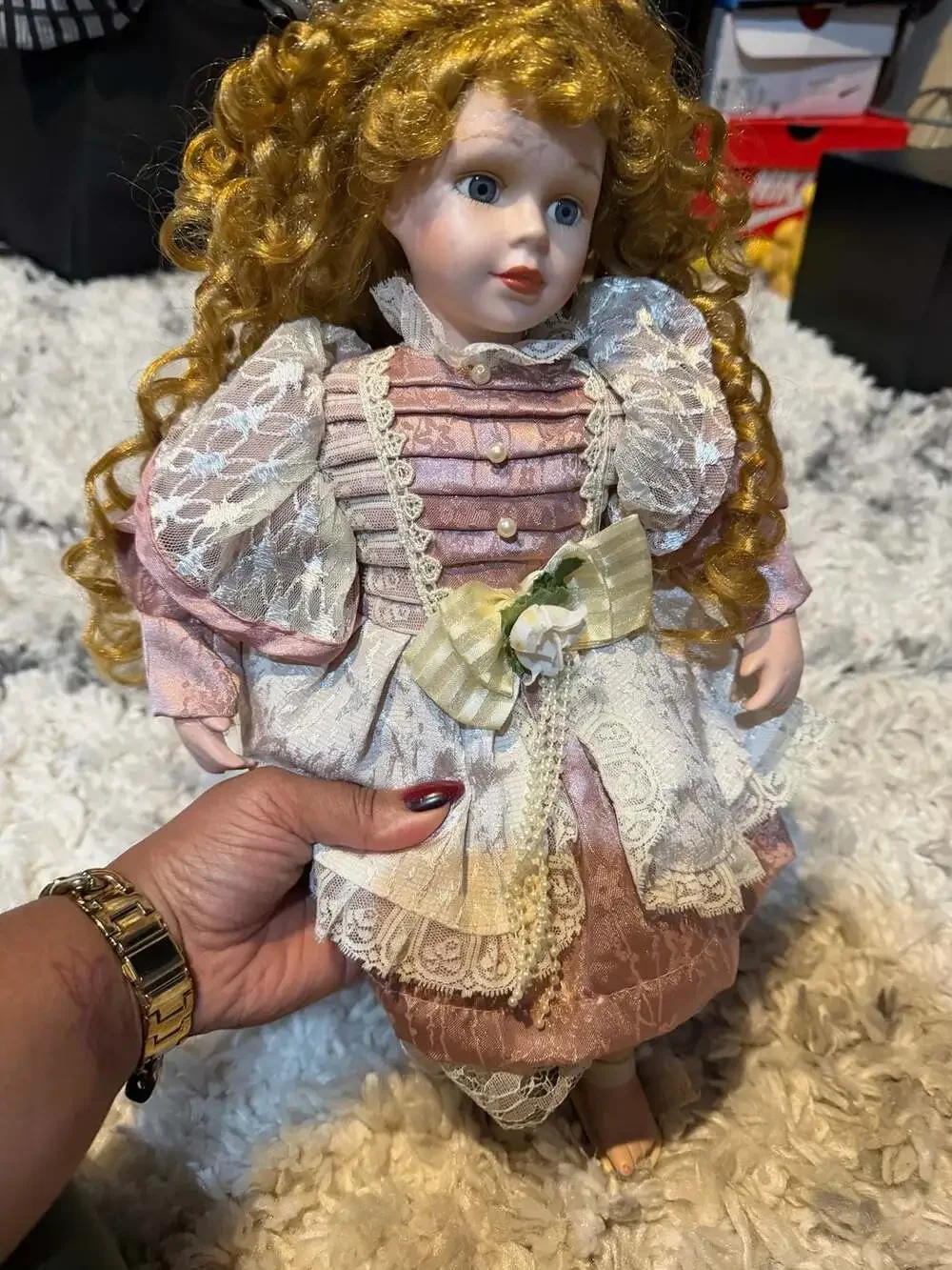 Vintage Bisque Porcelain Collector Doll with Curly Blonde Hair